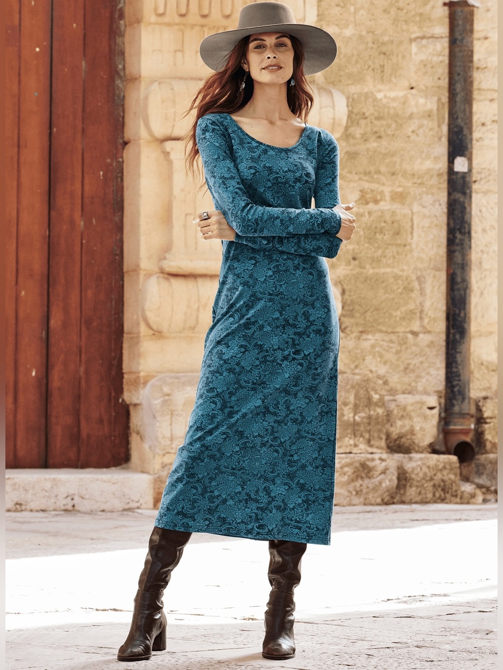 Peruvian Connection Midi Dress Teal Blue & Black Floral Long-Sleeve A-line - Picture 2 of 11